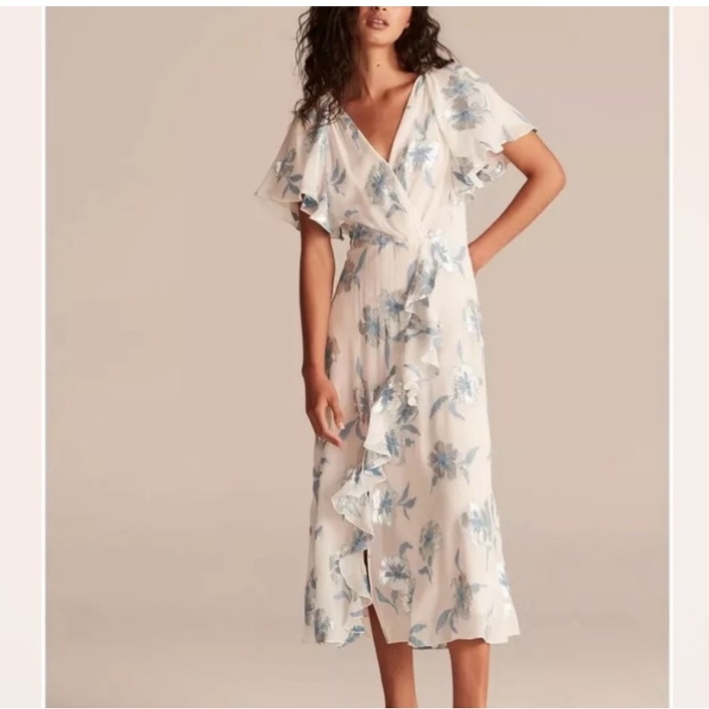 Rebecca Taylor White and Blue Floral Midi Dress